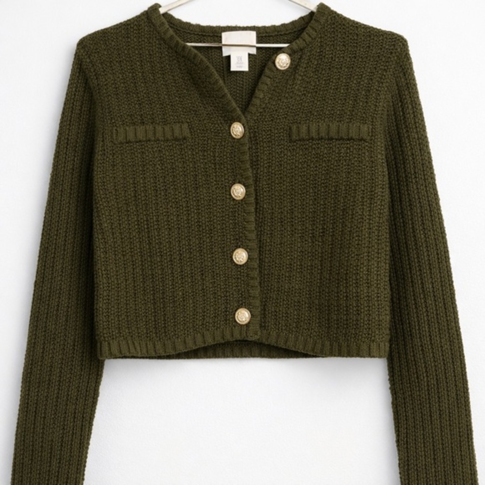 Cropped Olive Green Button-Front Knit Cardigan